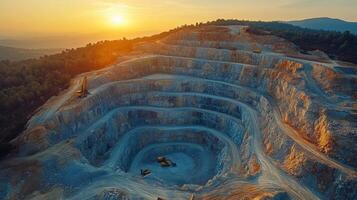 Mining equipment operates in a vast quarry as the sun sets, revealing intricate geological layers and the scale of mineral extraction in a rural area. photo