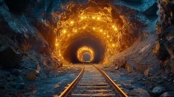 An underground mining tunnel displays illuminated walls and tracks extending into the distance. The rocky terrain reveals the extensive excavation works and mineral extraction environment. photo