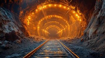 The interior of a mining tunnel showcases bright lights along the rails, highlighting the deep excavation where minerals are extracted. photo