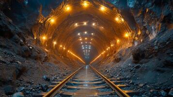 Rail tracks lead into a brightly lit underground tunnel, highlighting the mining and excavation activities along with mineral processing efforts in the quarry environment. photo