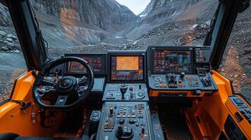 Cockpit perspective of a powerful mining vehicle equipped with advanced controls and screens, preparing for excavation work in a rugged quarry with steep terrain and mineral deposits. photo