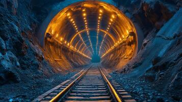Bright lights illuminate a tunnel at a mining site, highlighting railway tracks that lead deep underground, emphasizing the depth and scale of the excavation. photo