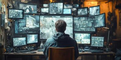 A person sits focused in front of a large setup of multiple screens displaying banking transactions and verification processes. photo