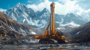 A large drilling rig is positioned in a rugged mountainous area, actively engaged in extracting minerals from the ground, surrounded by stunning snow covered peaks and a bright blue sky. photo
