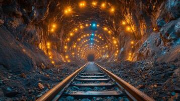 Illuminated mine tunnel features a series of bright lights highlighting the rocky walls. Railway tracks stretch into the distance, indicating active mineral extraction operations. photo