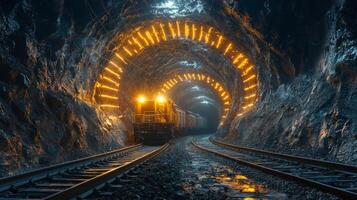 A mining tunnel showcases a train transporting extracted materials through illuminated rock formations, emphasizing the infrastructure involved in mineral processing and excavation. photo