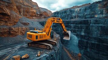 Heavy machinery operates in a quarry, digging into the earth to extract minerals. The site is defined by steep rock walls under cloudy skies, showcasing the mining process. photo