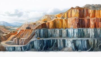 Heavy machinery works in a limestone quarry with multiple layers of rock and minerals visible. The rugged terrain highlights the extensive excavation and mineral processing involved. photo