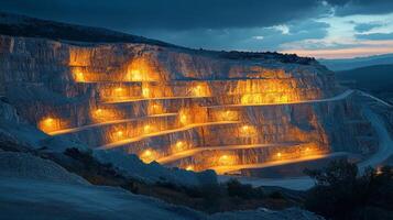 A spectacular view of a quarry illuminated by bright lights at dusk, highlighting the layers of excavation and advanced mining techniques used for mineral extraction and processing photo