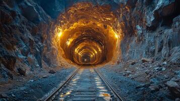 Cavernous underground tunnel showcasing illuminated rock formations and railway tracks used for transporting minerals during excavation activities. photo