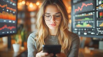 A woman with glasses is focused on her smartphone, engaging in mobile banking. Multiple screens behind her display financial data and transaction graphs, indicating a dynamic banking environment. photo