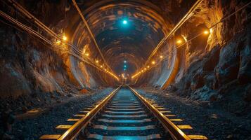 Bright lights illuminate an underground mining tunnel featuring a railway track running through it, showcasing the infrastructure and the process of mineral extraction and excavation. photo
