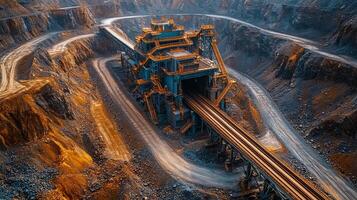Heavy machinery operates to extract minerals from the quarry while transporting the materials via conveyor belts in a vibrant morning light. photo