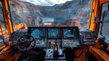 The control panel features multiple displays showing mining progress, while heavy machinery is poised for extraction in a vast quarry illuminated by the fading light of day photo