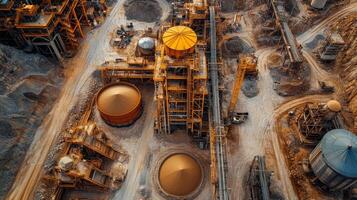 Equipment and facilities for mining and mineral processing are prominently visible in a large quarry. The infrastructure includes silos, conveyors, and extraction machinery. photo