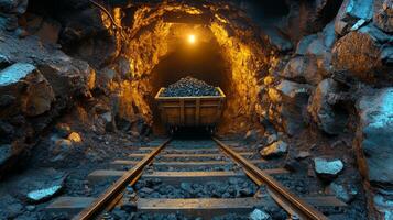 Bright light illuminates a coal filled cart on railway tracks deep inside a mining tunnel. The rocky walls highlight the excavation process in a coal mine environment. photo