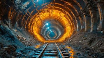 A well structured tunnel used for mineral extraction featuring railway tracks leading deep into the earth, illuminated by bright lights reflecting on the rocky surfaces. photo