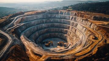 Busy quarry site features multiple layers of rock being excavated. Heavy machinery operates efficiently, extracting minerals from the earth for processing. photo
