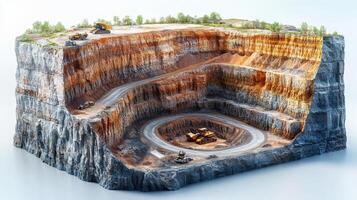 Excavators and trucks are actively working in a large open pit quarry, efficiently extracting minerals from layered rock formations while preparing for further processing. photo