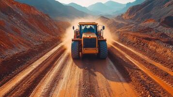 A large yellow bulldozer moves through a rocky terrain, kicking up dust on mining roads as the sun sets behind distant mountains, showcasing the scale of excavation efforts. photo