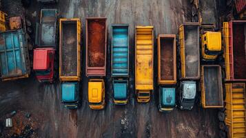 A lineup of trucks parks in a quarry, ready to transport minerals. Each truck features a distinct color as they await loading with extracted materials from the mining site. photo