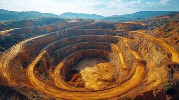 A large circular quarry showcases multiple levels of earth removed for mineral extraction. Machinery is likely present but not visible, emphasizing the extensive excavation. photo