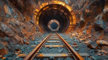 Tracks lead into a dark mining tunnel surrounded by rocky walls, highlighting the excavation process in a mineral rich quarry setting with a focus on infrastructure. photo