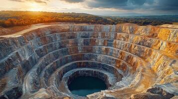 A large open pit mining site demonstrates extensive excavation with layered rock formations. The sun sets on the horizon, casting warm light over the quarry and surrounding trees. photo