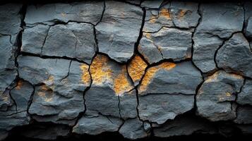 Close up of cracked rock layers in a mining site, illustrating the textures and colors of minerals. The irregular fractures reveal the geological processes involved in extraction. photo