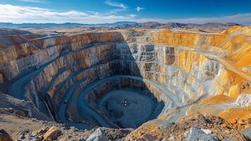 An expansive pit displays meticulously layered earth from mineral extraction activities at a quarry. Heavy machinery operates in the distance under a bright sky. photo
