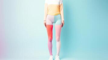 A woman showcases vibrant pastel workout clothes, blending comfort with fashion. She stands confidently against a smooth blue background, embodying an active lifestyle in a serene setting. photo