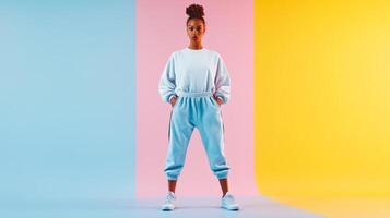 A woman stands confidently in a stylish, sporty outfit with her hands in her pockets. The pastel background features a blend of soft blue and yellow hues, adding a refreshing vibe to the scene. photo