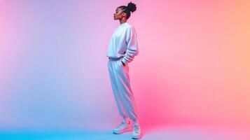 A confident woman stands tall in a comfortable outfit, showcasing her style and sportswear. The pastel background enhances the vibrant look, creating a trendy atmosphere for her pose. photo