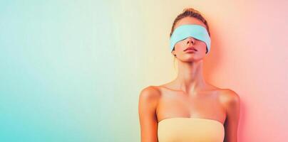 A woman with a confident posture stands against a soft pastel background, wearing a bandeau top and a blindfold. The setting exudes tranquility as she embodies a unique blend of sport and style. photo