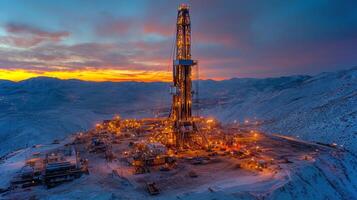 A large drilling rig illuminated against a twilight sky works on extracting petroleum in a snowy, mountainous area. Surrounding infrastructure supports the operation. photo