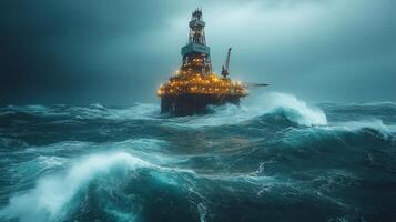 A drilling rig stands tall amid turbulent waves and dark skies, engaged in the extraction of petroleum in challenging offshore conditions, highlighting the intensity of the operation. photo
