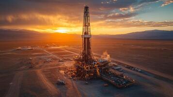 Drilling activities take place at a site during sunset, with a view of infrastructure and machinery set against a vast desert landscape. photo