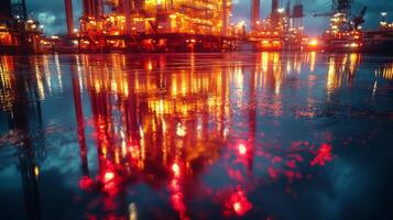 Brightly lit offshore drilling platforms operate amid a dusk backdrop, creating dazzling reflections on the water's surface as oil extraction continues. photo