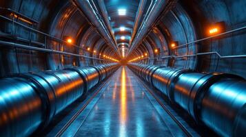 A long underground tunnel reveals large metallic pipelines, illuminated by soft orange lights. The structure showcases modern technology used in extraction and drilling operations. photo