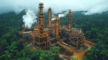 This industrial site focuses on petroleum extraction and refining, featuring tall processing towers, pipelines, and drilling infrastructure set amidst dense, green vegetation and misty mountains. photo