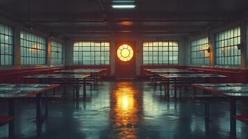 Bright circular window illuminates an empty industrial room within a mining facility at sunset. The polished floor reflects warm light, creating a tranquil yet stark atmosphere. photo
