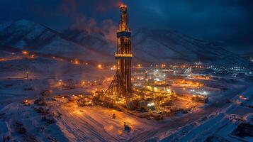 Nighttime drilling operation is ongoing in a snowy terrain with a tall drilling rig illuminated by bright lights, surrounded by support vehicles and extensive infrastructure. photo