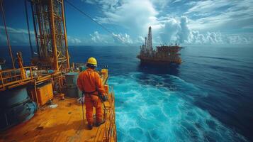 Workers monitor oil drilling processes from a platform, while an offshore rig extracts resources in deep blue waters under a dynamic sky with clouds. photo