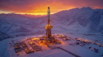 A drilling rig stands tall against a colorful sunrise, surrounded by snow covered mountains, showcasing extraction and metallurgy operations at a remote petroleum site. photo