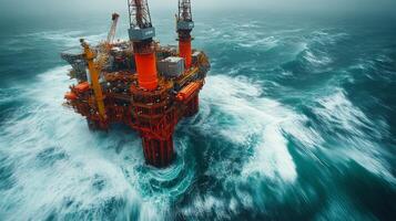 A large offshore drilling platform is actively extracting petroleum while facing rough seas and strong winds. photo