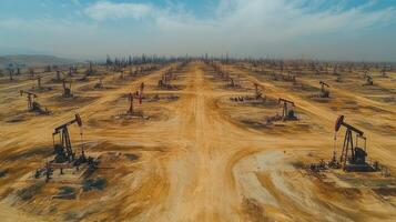 An extensive oil extraction site shows multiple drilling rigs and pipelines in a sprawling desert area with minimal vegetation. The sky is clear, and the environment appears dry. photo