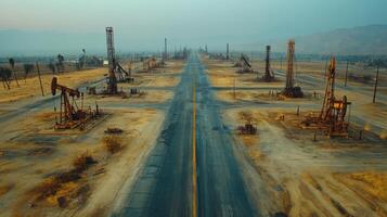 An expansive oil drilling site features numerous pump jacks lining both sides of a deserted road. The dry land and hazy atmosphere create an industrial yet deserted feel in the late afternoon light. photo