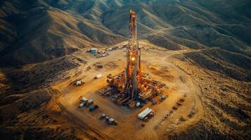A drilling rig stands prominently in a vast desert area, illuminated by the warm glow of sunset. Surrounding equipment and vehicles indicate ongoing mining and extraction operations. photo
