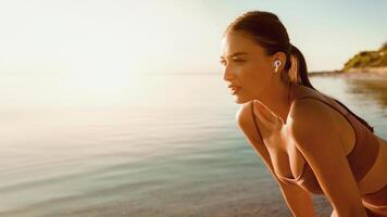 Motivation And Challenge Concept. Focused lady taking break after running, resting and looking away at copy space photo