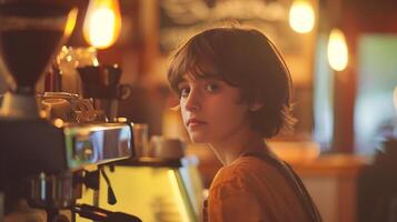 This young person behind the counter of a cafe displays focus and enthusiasm while preparing drinks. photo